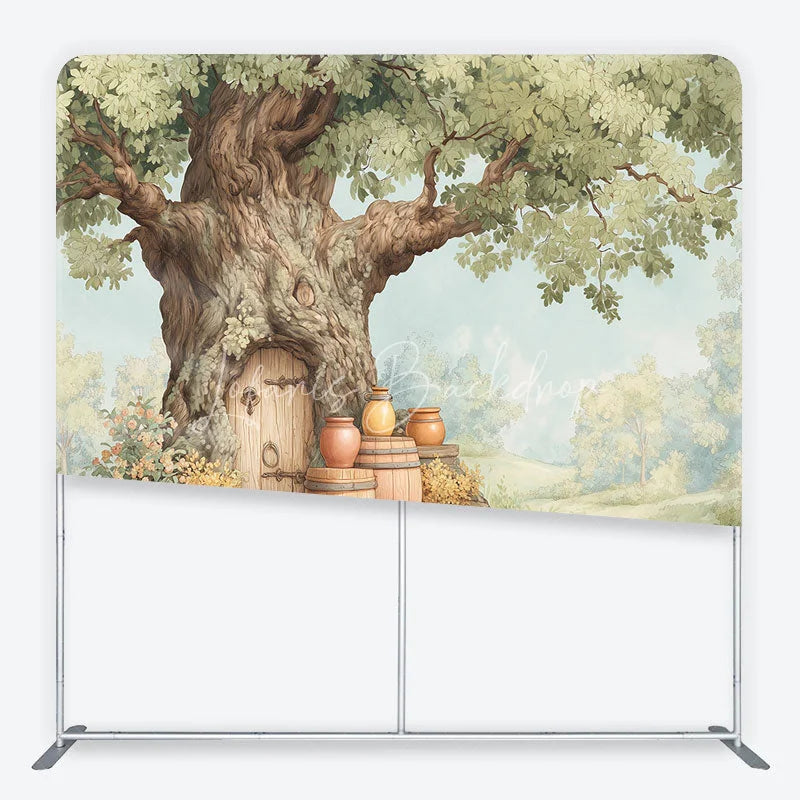 Lofaris Whimsical Fairy Tale Tree House Square Double-Sided Backdrop Enchanted Forest for Baby Shower Photography
