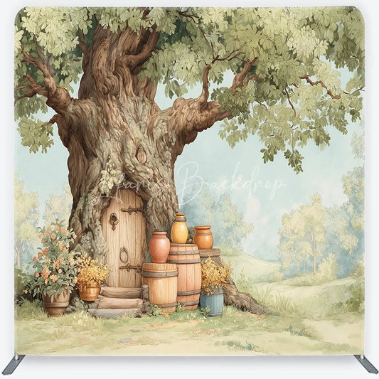 Lofaris Whimsical Fairy Tale Tree House Square Double-Sided Backdrop Enchanted Forest for Baby Shower Photography