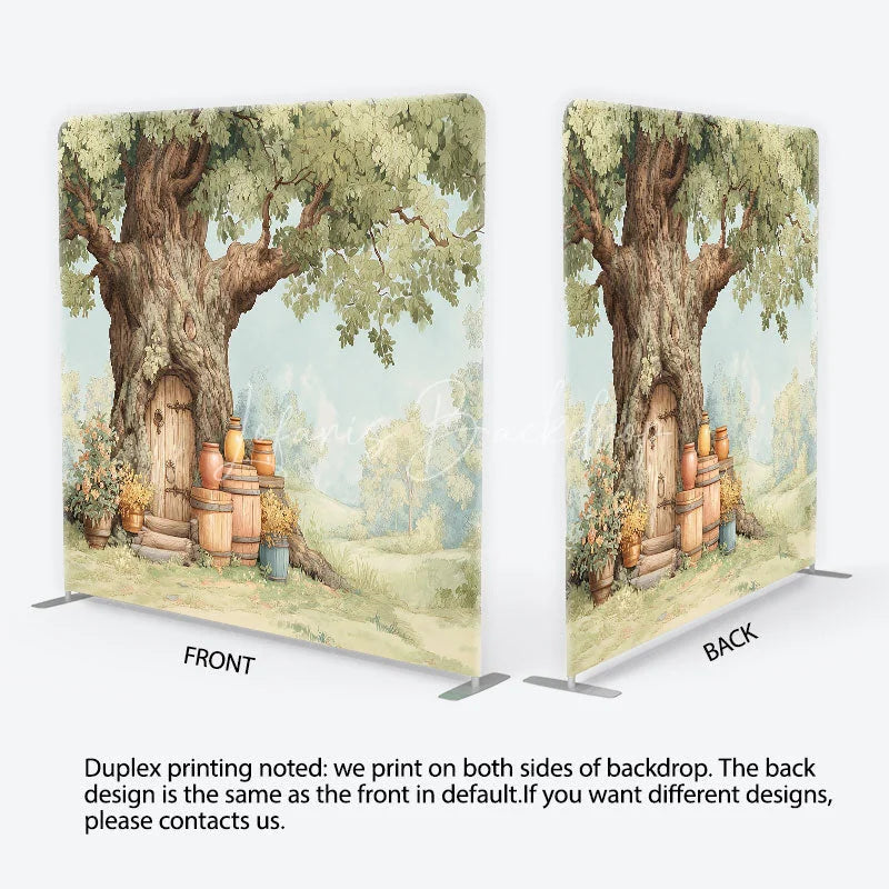 Lofaris Whimsical Fairy Tale Tree House Square Double-Sided Backdrop Enchanted Forest for Baby Shower Photography