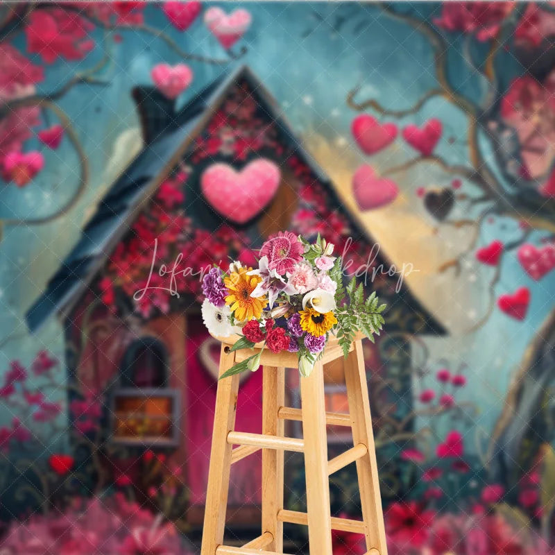 Lofaris Whimsical Fairytale House Photography Backdrop with Pink and Red Hearts Enchanted Forest Romantic Celebration Decor