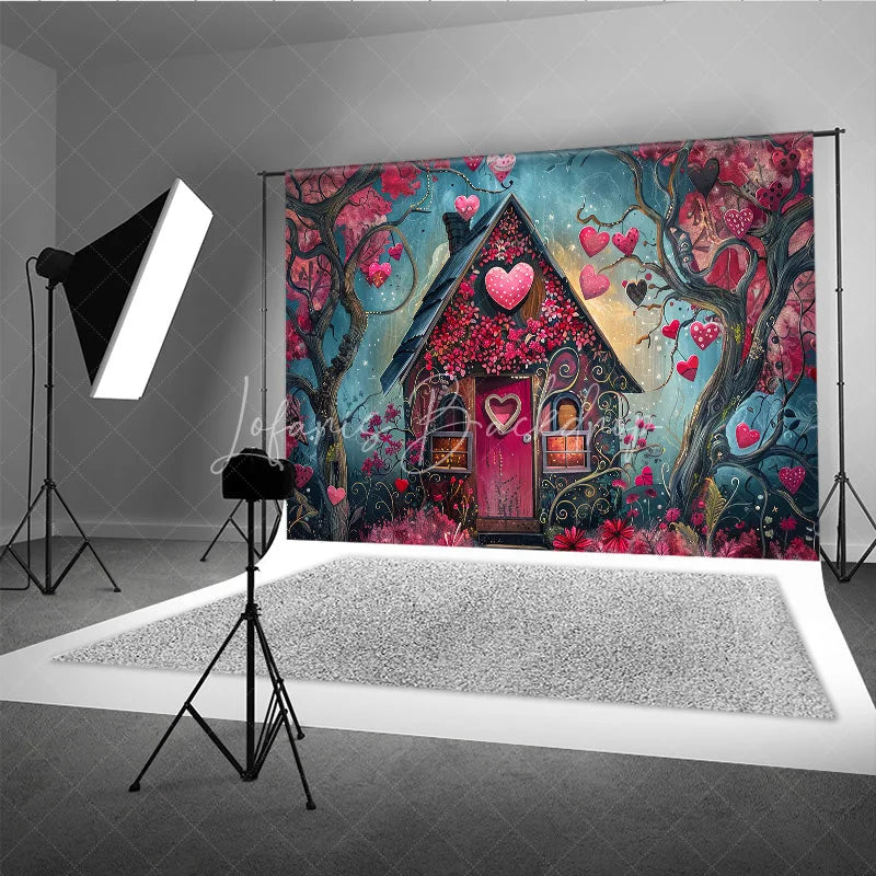 Lofaris Whimsical Fairytale House Photography Backdrop with Pink and Red Hearts Enchanted Forest Romantic Celebration Decor