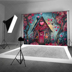 Lofaris Whimsical Fairytale House Photography Backdrop with Pink and Red Hearts Enchanted Forest Romantic Celebration Decor