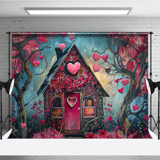 Lofaris Whimsical Fairytale House Photography Backdrop with Pink and Red Hearts Enchanted Forest Romantic Celebration Decor