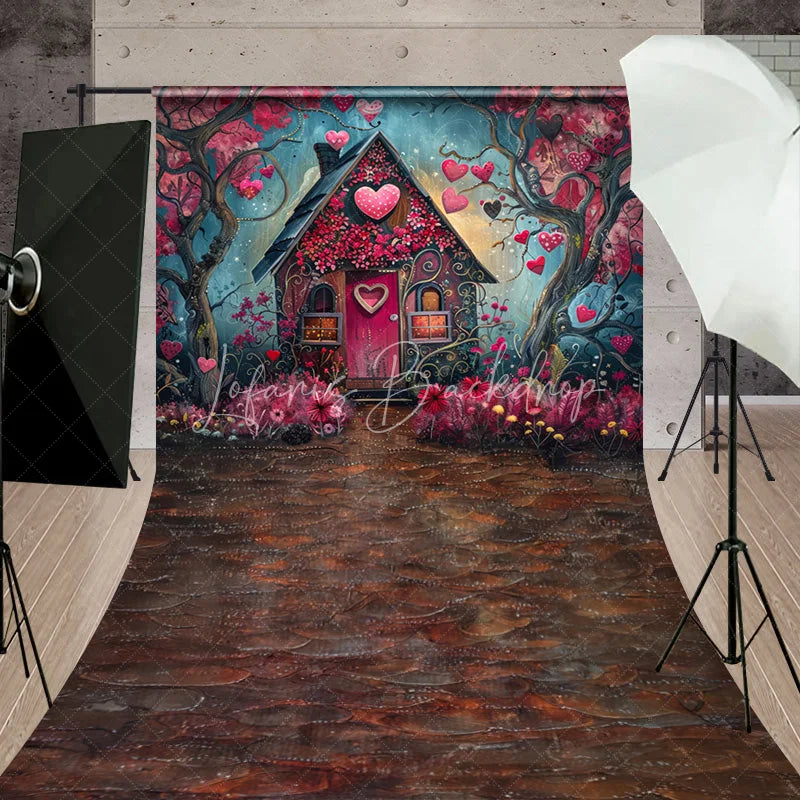 Lofaris Whimsical Fairytale House with Pink Hearts and Flowers Sweep Backdrop Romantic Valentine’s Day Love Celebration