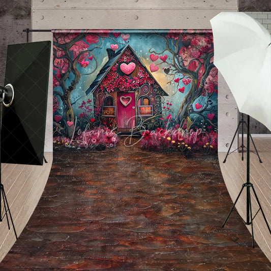 Lofaris Whimsical Fairytale House with Pink Hearts and Flowers Sweep Backdrop Romantic Valentine’s Day Love Celebration