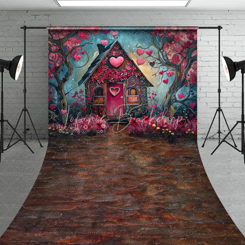 Lofaris Whimsical Fairytale House with Pink Hearts and Flowers Sweep Backdrop Romantic Valentine’s Day Love Celebration