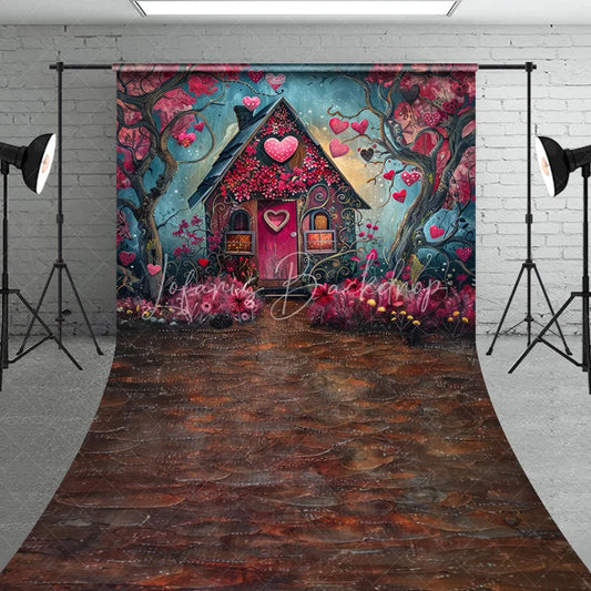 Lofaris Whimsical Fairytale House with Pink Hearts and Flowers Sweep Backdrop Romantic Valentine’s Day Love Celebration