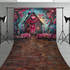 Lofaris Whimsical Fairytale House with Pink Hearts and Flowers Sweep Backdrop Romantic Valentine’s Day Love Celebration