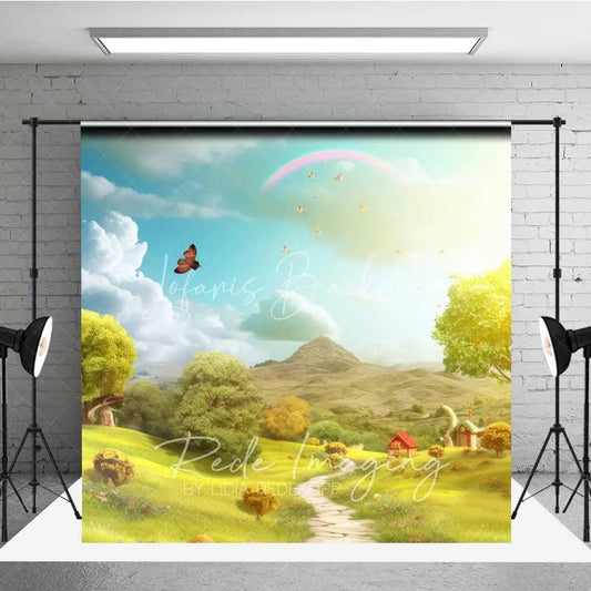 Lofaris Whimsical Fairytale Scenery Backdrop Green Hills Path Rainbow Butterfly Sunny Sky Photo Studio