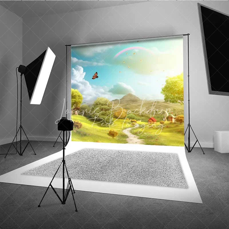 Lofaris Whimsical Fairytale Scenery Backdrop Green Hills Path Rainbow Butterfly Sunny Sky Photo Studio