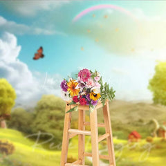 Lofaris Whimsical Fairytale Scenery Backdrop Green Hills Path Rainbow Butterfly Sunny Sky Photo Studio