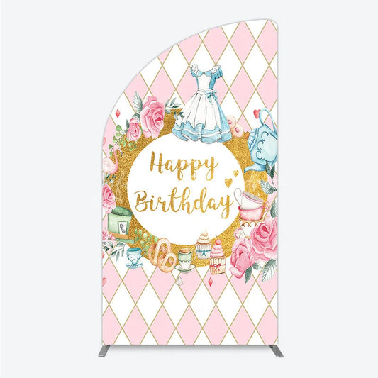Lofaris Whimsical Fairytale Tea Party Half Moon Arch Backdrop with Pink Diamond Gold Glitter Happy Birthday Celebration