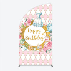 Lofaris Whimsical Fairytale Tea Party Half Moon Arch Backdrop with Pink Diamond Gold Glitter Happy Birthday Celebration