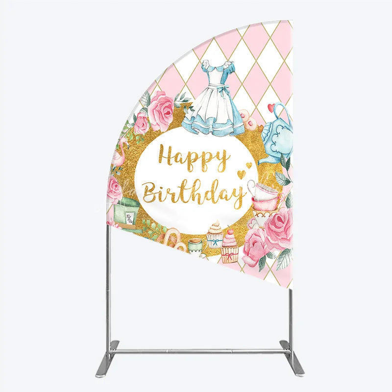Lofaris Whimsical Fairytale Tea Party Half Moon Arch Backdrop with Pink Diamond Gold Glitter Happy Birthday Celebration