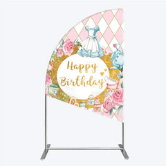 Lofaris Whimsical Fairytale Tea Party Half Moon Arch Backdrop with Pink Diamond Gold Glitter Happy Birthday Celebration