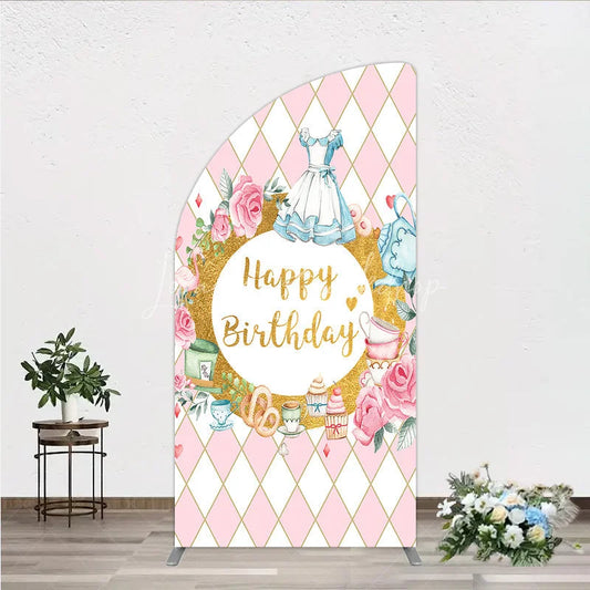Lofaris Whimsical Fairytale Tea Party Half Moon Arch Backdrop with Pink Diamond Gold Glitter Happy Birthday Celebration