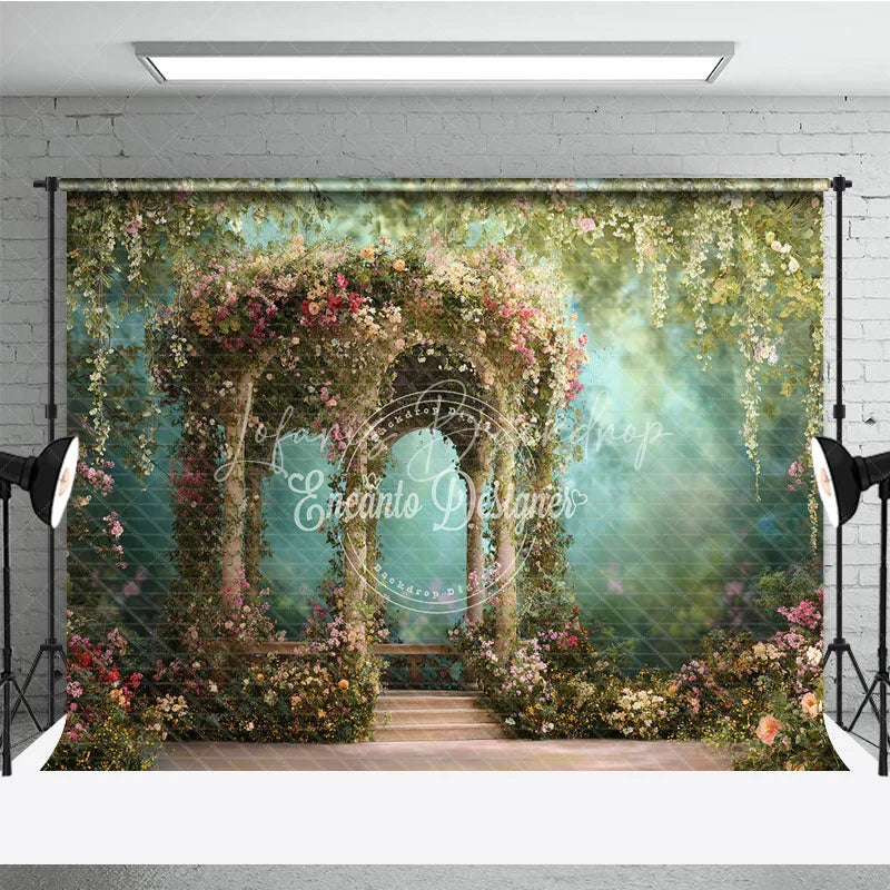 Lofaris Whimsical Floral Garden Gazebo Photography Backdrop Lush Greenery and Romantic Archway for Wedding Party Decor