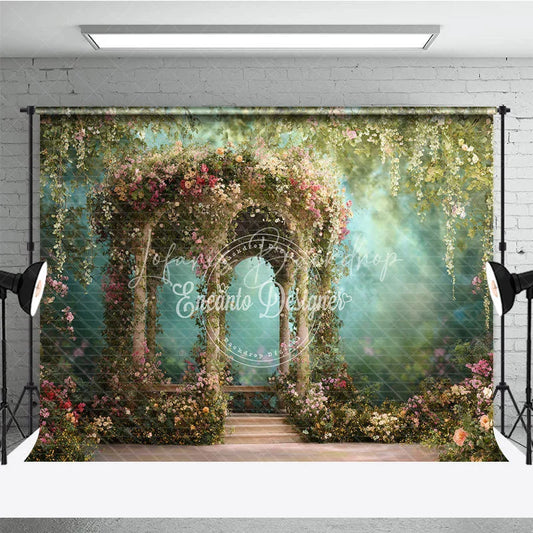 Lofaris Whimsical Floral Garden Gazebo Photography Backdrop Lush Greenery and Romantic Archway for Wedding Party Decor