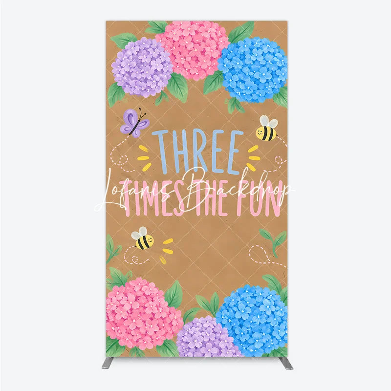 Lofaris Whimsical Floral Hydrangea Butterfly Bee Rectangle Arch Backdrop Three Times the Fun Birthday Decor
