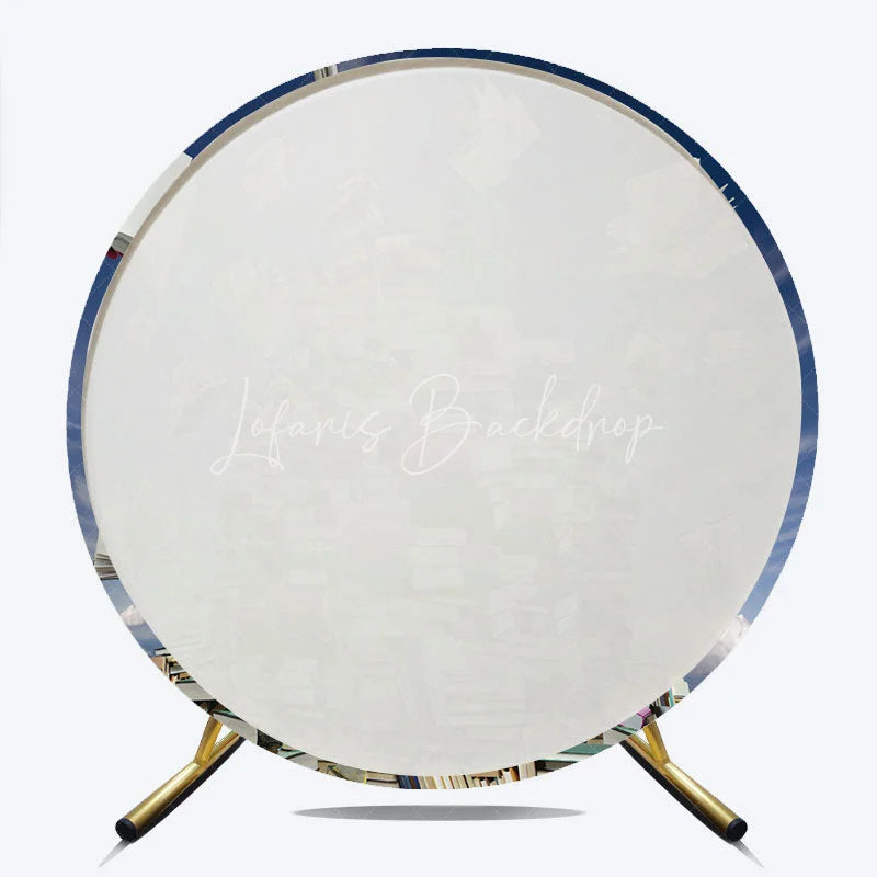 Lofaris Whimsical Flying Books and Stacked Round Backdrop Blue Sky Cloud Academic Theme for Graduation