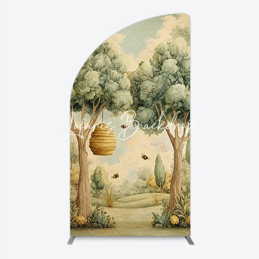 Lofaris Whimsical Forest Beehive and Flying Bees Half Moon Arch Backdrop Watercolor Nature Scene for Baby Shower Birthday Party