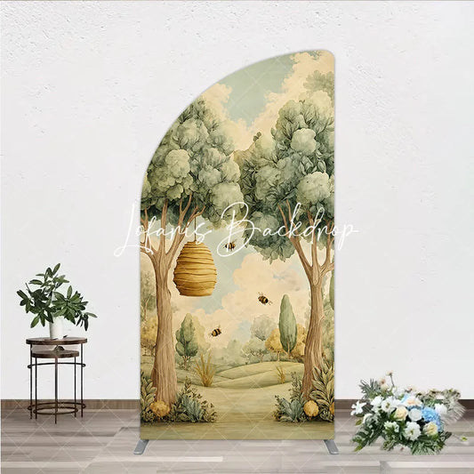 Lofaris Whimsical Forest Beehive and Flying Bees Half Moon Arch Backdrop Watercolor Nature Scene for Baby Shower Birthday Party