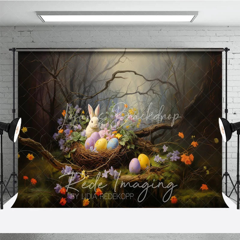 Lofaris Whimsical Forest Bunny Easter Photography Backdrop Spring Flowers and Eggs Studio Background