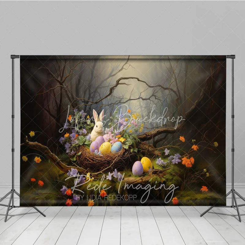 Lofaris Whimsical Forest Bunny Easter Photography Backdrop Spring Flowers and Eggs Studio Background