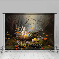 Lofaris Whimsical Forest Bunny Easter Photography Backdrop Spring Flowers and Eggs Studio Background