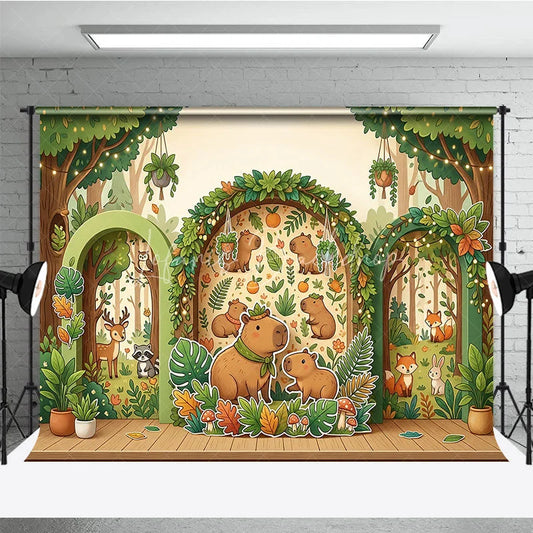 Lofaris Whimsical Forest Capybara Photography Backdrop with Cartoon Animals Trees and String Lights for Kids Birthday Party