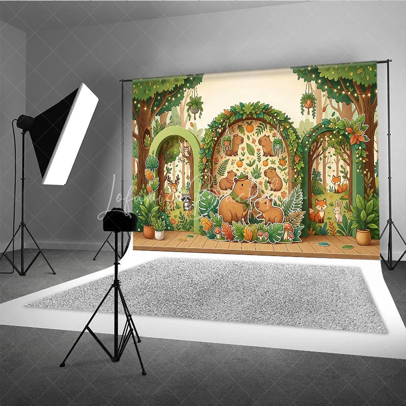 Lofaris Whimsical Forest Capybara Photography Backdrop with Cartoon Animals Trees and String Lights for Kids Birthday Party