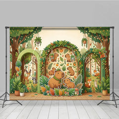 Lofaris Whimsical Forest Capybara Photography Backdrop with Cartoon Animals Trees and String Lights for Kids Birthday Party