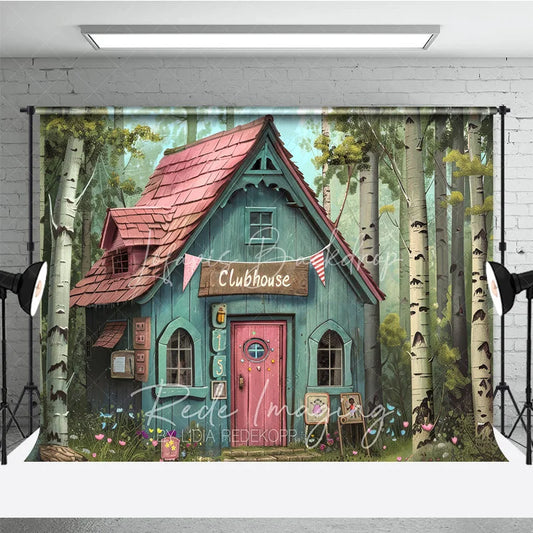 Lofaris Whimsical Forest Clubhouse Photography Backdrop Fairy Tale Blue Cabin and Birch Trees Studio Background