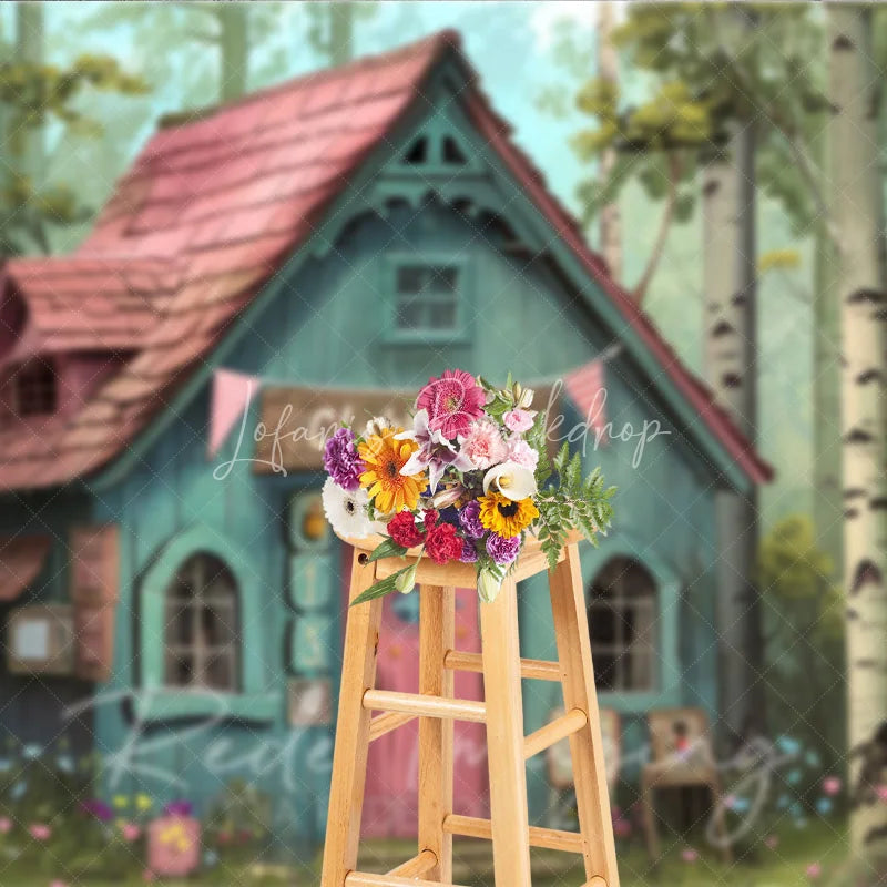 Lofaris Whimsical Forest Clubhouse Photography Backdrop Fairy Tale Blue Cabin and Birch Trees Studio Background