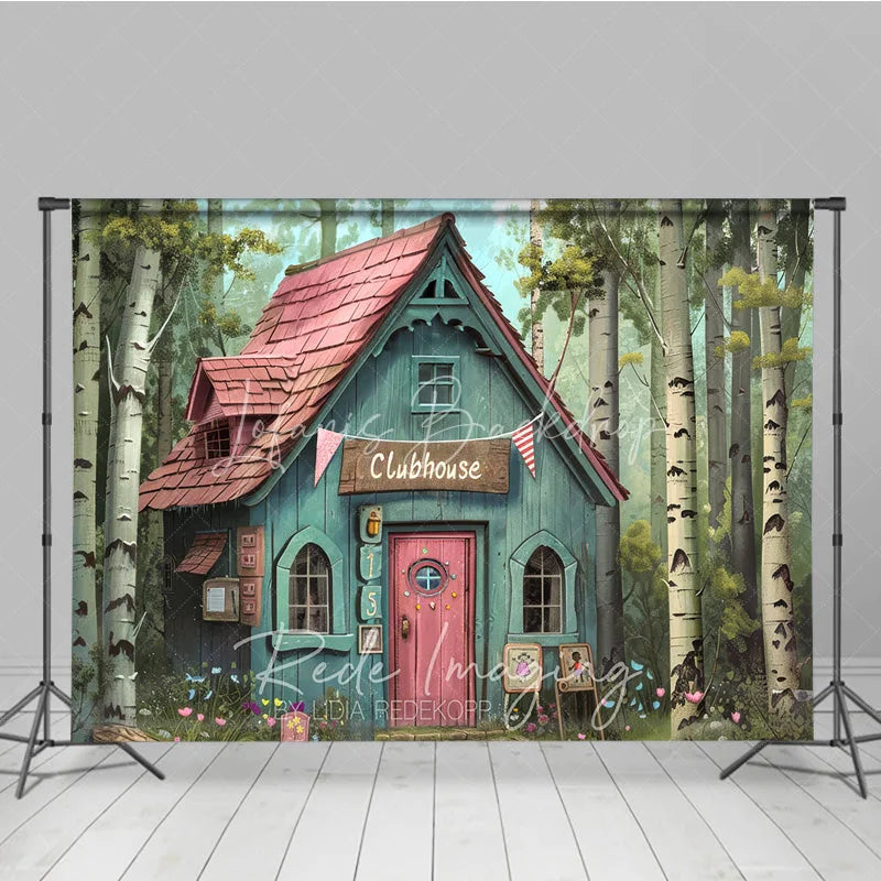 Lofaris Whimsical Forest Clubhouse Photography Backdrop Fairy Tale Blue Cabin and Birch Trees Studio Background