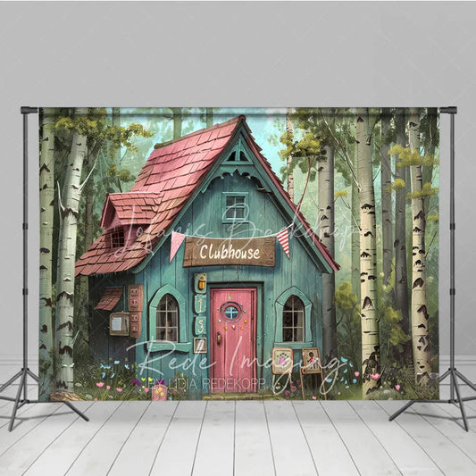 Lofaris Whimsical Forest Clubhouse Photography Backdrop Fairy Tale Blue Cabin and Birch Trees Studio Background
