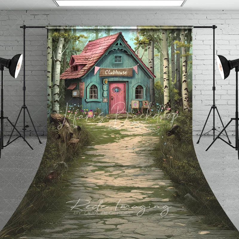 Lofaris Whimsical Forest Clubhouse Photography Backdrop Fairy Tale Blue Cabin Stone Path Sweep Studio Background