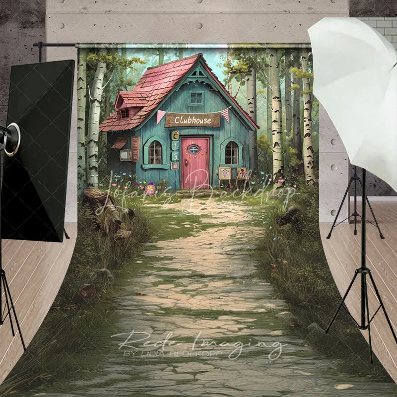 Lofaris Whimsical Forest Clubhouse Photography Backdrop Fairy Tale Blue Cabin Stone Path Sweep Studio Background