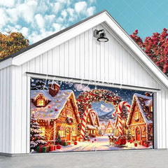Lofaris Whimsical Gingerbread Christmas Village Garage Door Banner Santa Reindeer Festive Lights Decor
