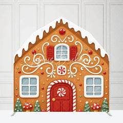 Lofaris Whimsical Gingerbread House with Icing and Candy Design Barn Door Arch Backdrop for Festive Christmas Holiday Decor