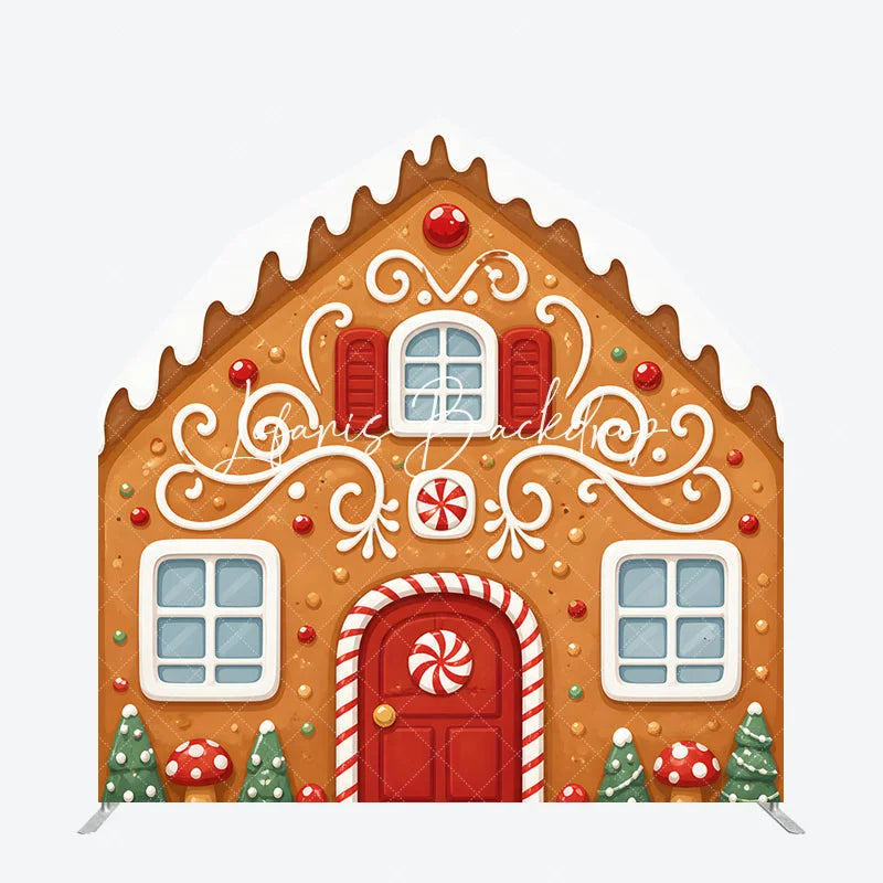 Lofaris Whimsical Gingerbread House with Icing and Candy Design Barn Door Arch Backdrop for Festive Christmas Holiday Decor