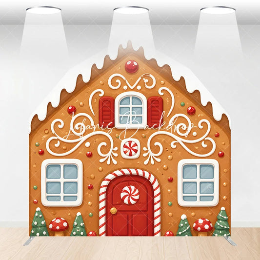 Lofaris Whimsical Gingerbread House with Icing and Candy Design Barn Door Arch Backdrop for Festive Christmas Holiday Decor