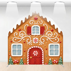 Lofaris Whimsical Gingerbread House with Icing and Candy Design Barn Door Arch Backdrop for Festive Christmas Holiday Decor