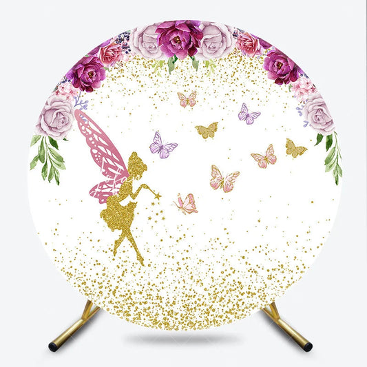 Lofaris Whimsical Golden Fairy and Butterfly Floral Arch Round Backdrop Magical Birthday Party Decor for Girls