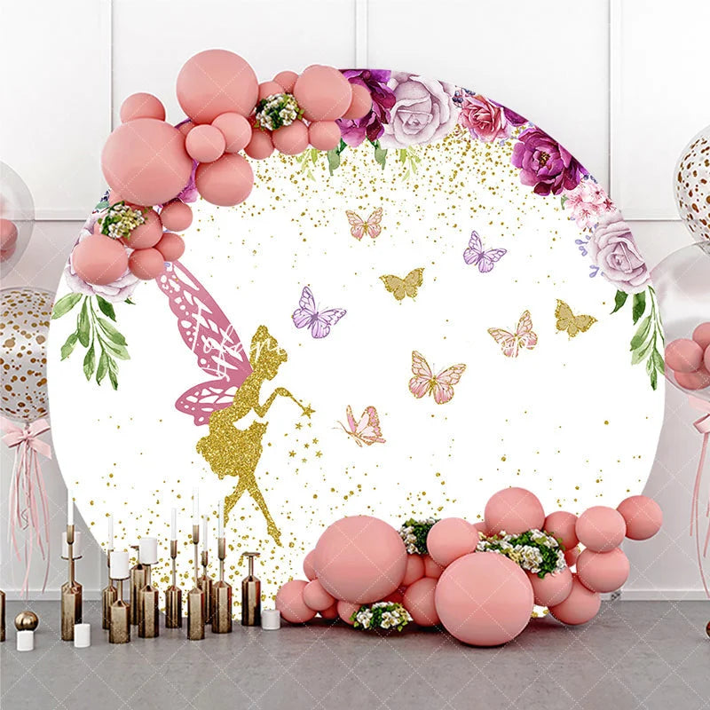 Lofaris Whimsical Golden Fairy and Butterfly Floral Arch Round Backdrop Magical Birthday Party Decor for Girls
