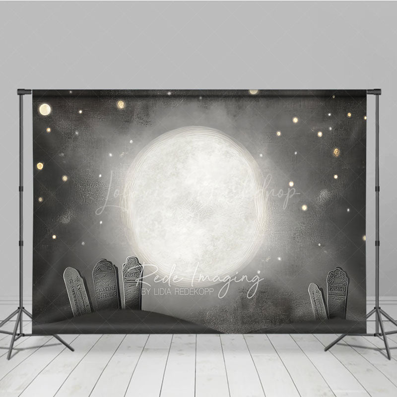 Lofaris Whimsical Graveyard Photography Backdrop Painterly Full Moon and Tombstones Starry Halloween Night Background