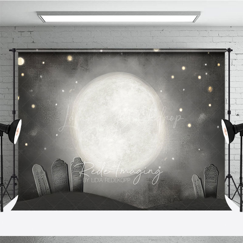 Lofaris Whimsical Graveyard Photography Backdrop Painterly Full Moon and Tombstones Starry Halloween Night Background