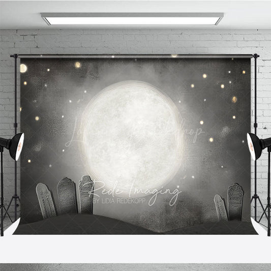 Lofaris Whimsical Graveyard Photography Backdrop Painterly Full Moon and Tombstones Starry Halloween Night Background