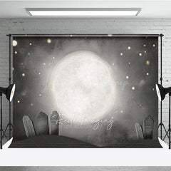 Lofaris Whimsical Graveyard Photography Backdrop Painterly Full Moon and Tombstones Starry Halloween Night Background