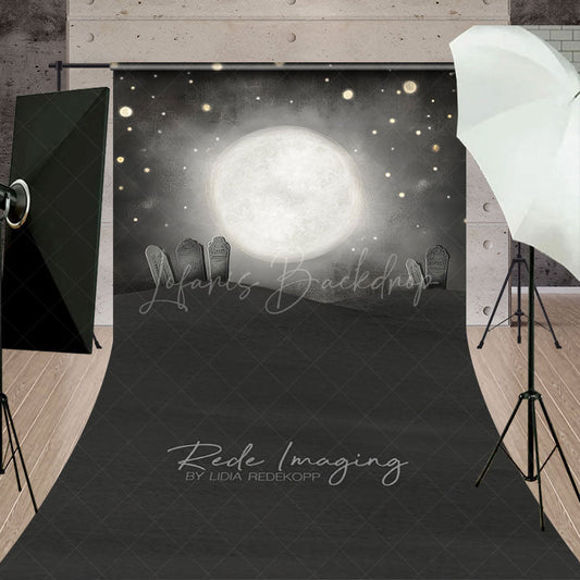 Lofaris Whimsical Graveyard Sweep Backdrop Painterly Full Moon and Tombstones Starry Halloween Night Photo Floor Drop